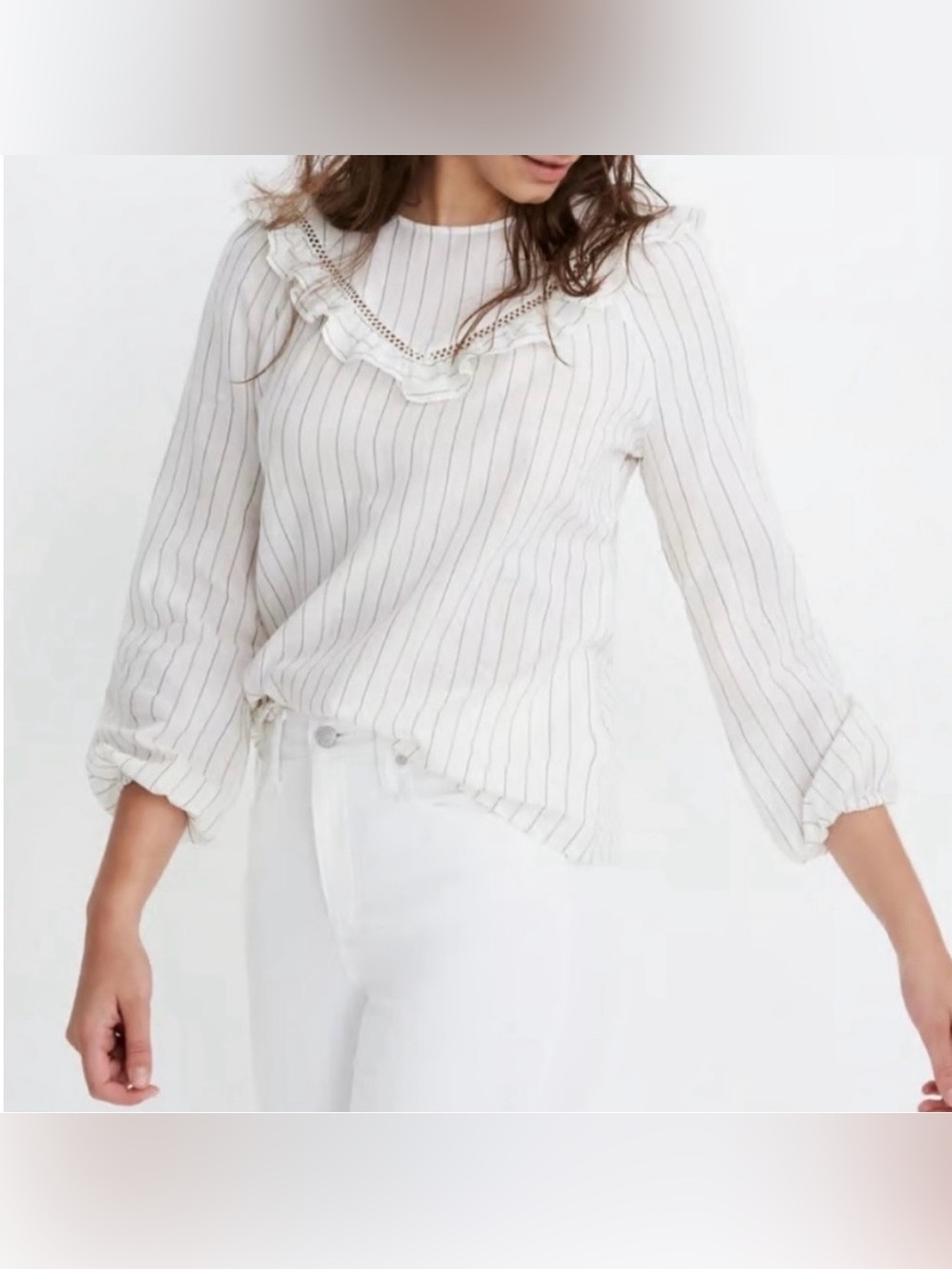 Madewell Off White Pinstripe Ruffle Neck Blouse
